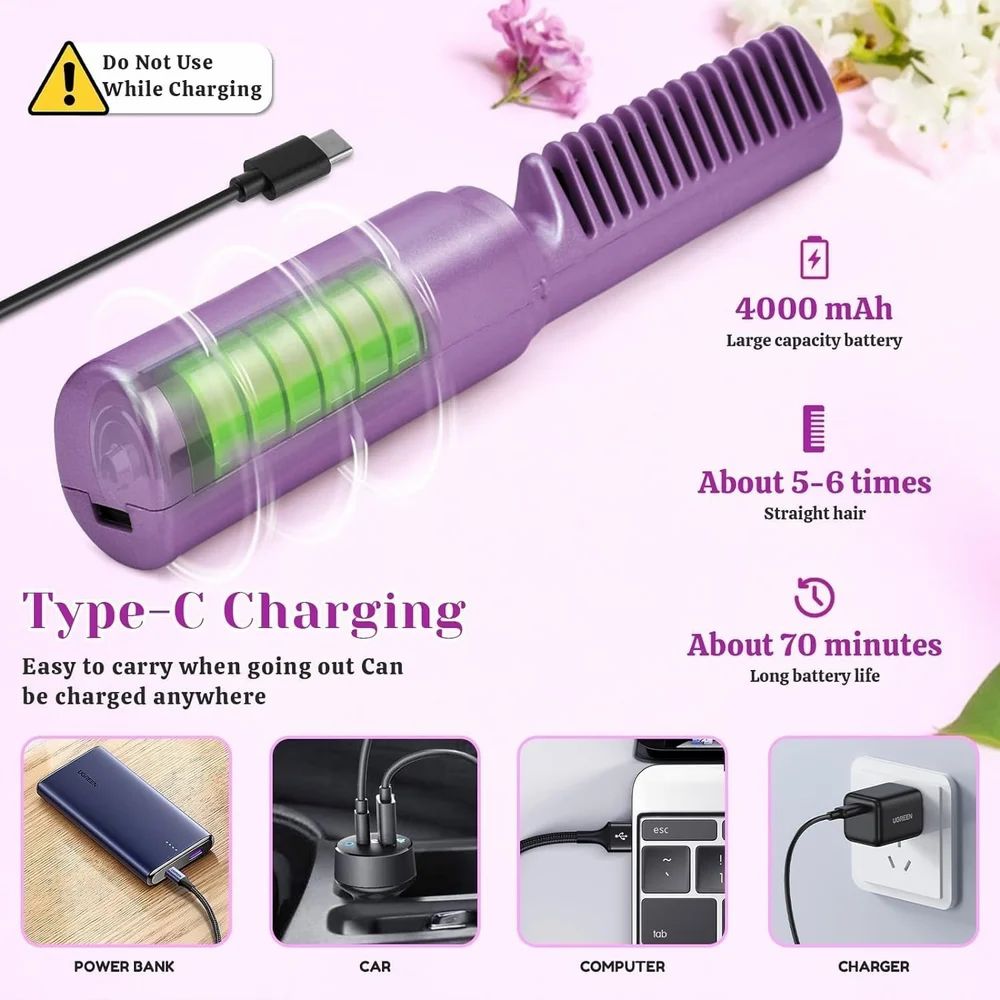 Rechargeable Hair Comb Straightener