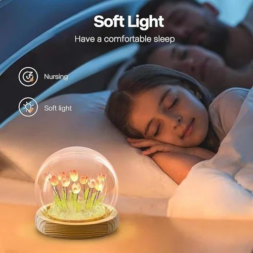 Romantic Tulip Night Light With Wooden Base, Led Decoration Night Lamp, Tulips Flower