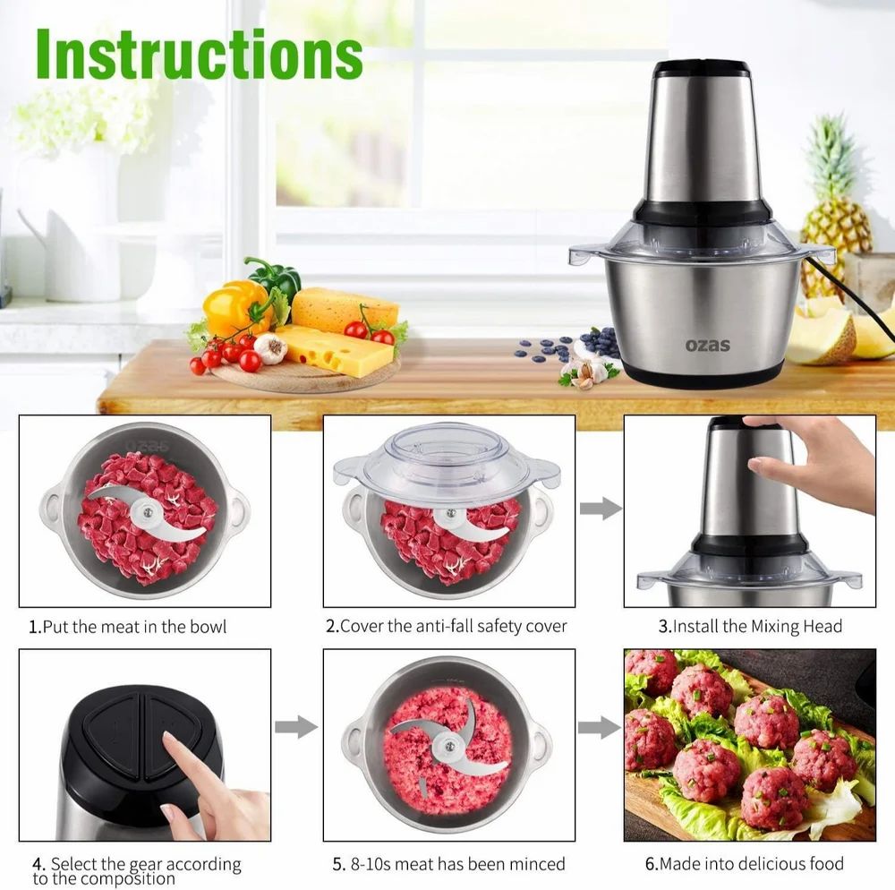 Stainless Steel (2L) Meat Blender Meat Grinder Electric Chopper for Meat Vegetables Fruits